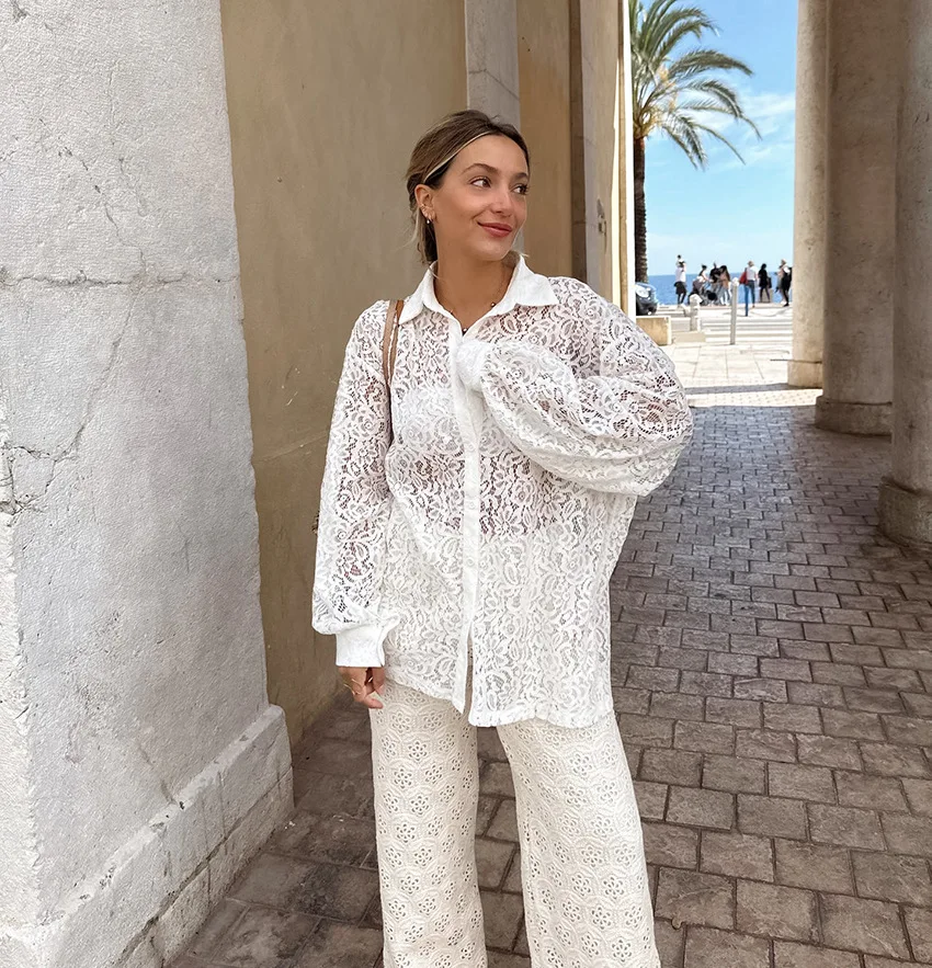 Ootddress Hollow Out Printed Loose Shirts For Women Fashion Patchwork Lace See-Through Summer Top Long Sleeve Female Casual Blouse