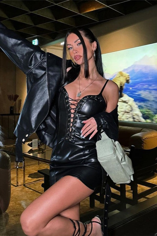 Deep V-Neck Lace-Up Corset Faux Leather Cami Bodycon Mini Dress