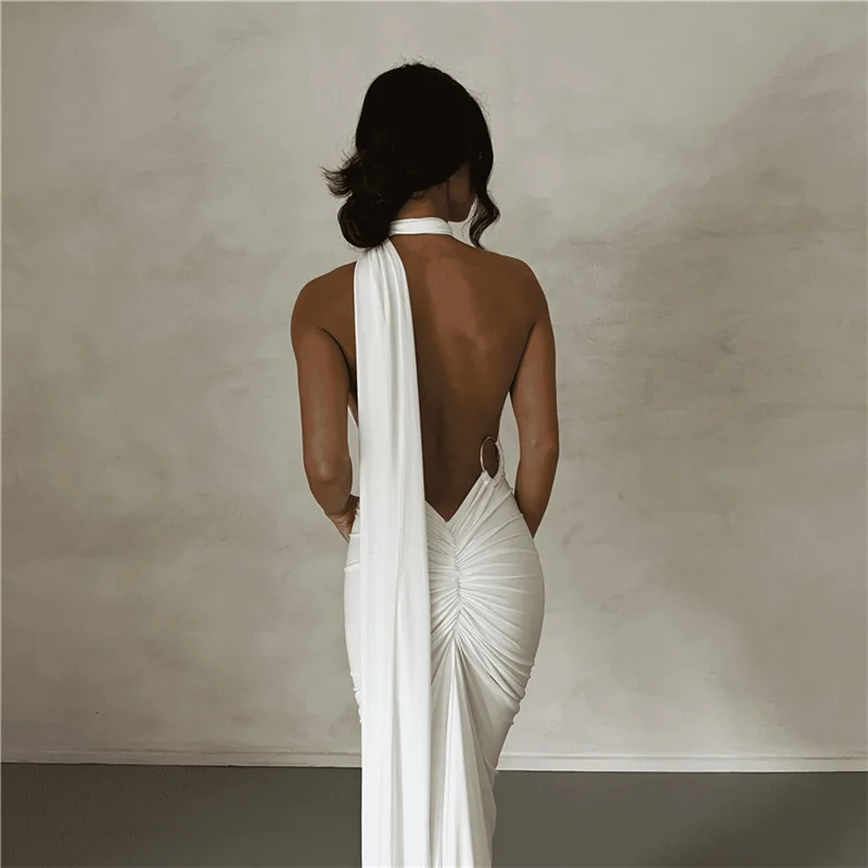 Ootddress Sexy Backless Hanging Neck Bodycon Evening Dress For Women Strapless Max Female Dress Charming Club Party Prom Dress