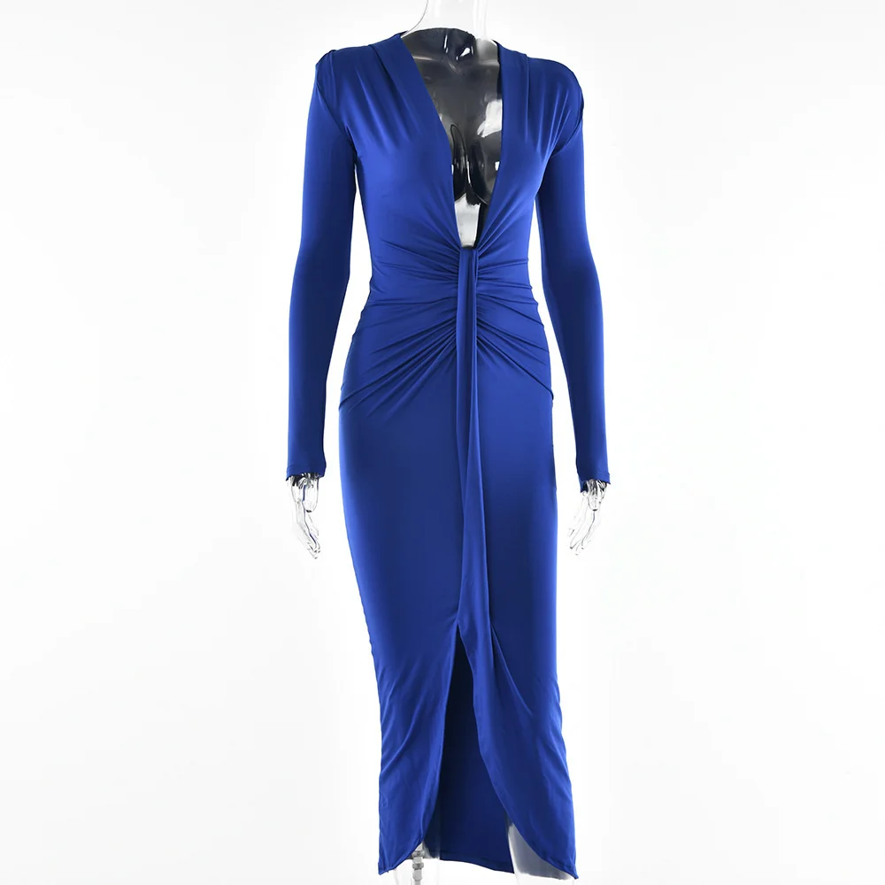 Ootddress Elegant Deep V Neck Full Sleeve Long Dress For Women Robe Fashion Autumn New Irregular Ruched Bodycon Midi Dress