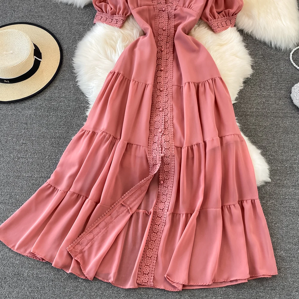 New Women Vintage Party Dress Summer Puff Sleeve Sexy V Neck Lace Single-breasted Long Dresses Ladies A Line Elegant Long Robe 22 New Women Vintage Party Dress Summer Puff Sleeve Sexy V Neck Lace Single-breasted Long Dresses Ladies A Line Elegant Long Robe