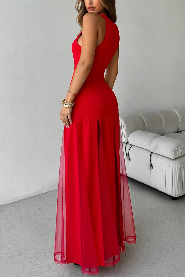 Solid Color Round Neck Sleeveless Slim Fit Sheer Patchwork Hem Maxi Dress