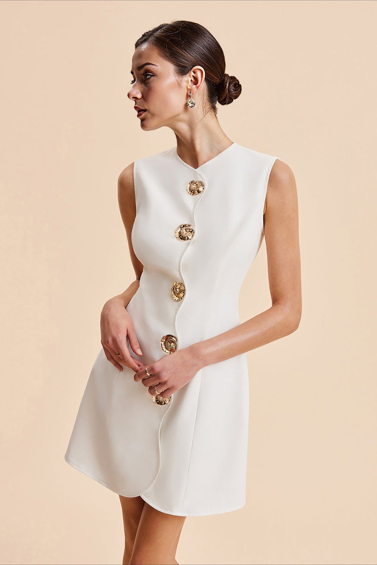 Round Neck Scalloped Button Front Princess Seam Mini Dress