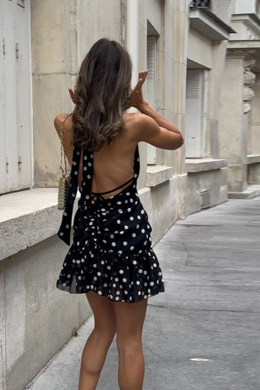 Black Halter Criss Cross Strap Daisy Accent Polka Dot Mini Dress
