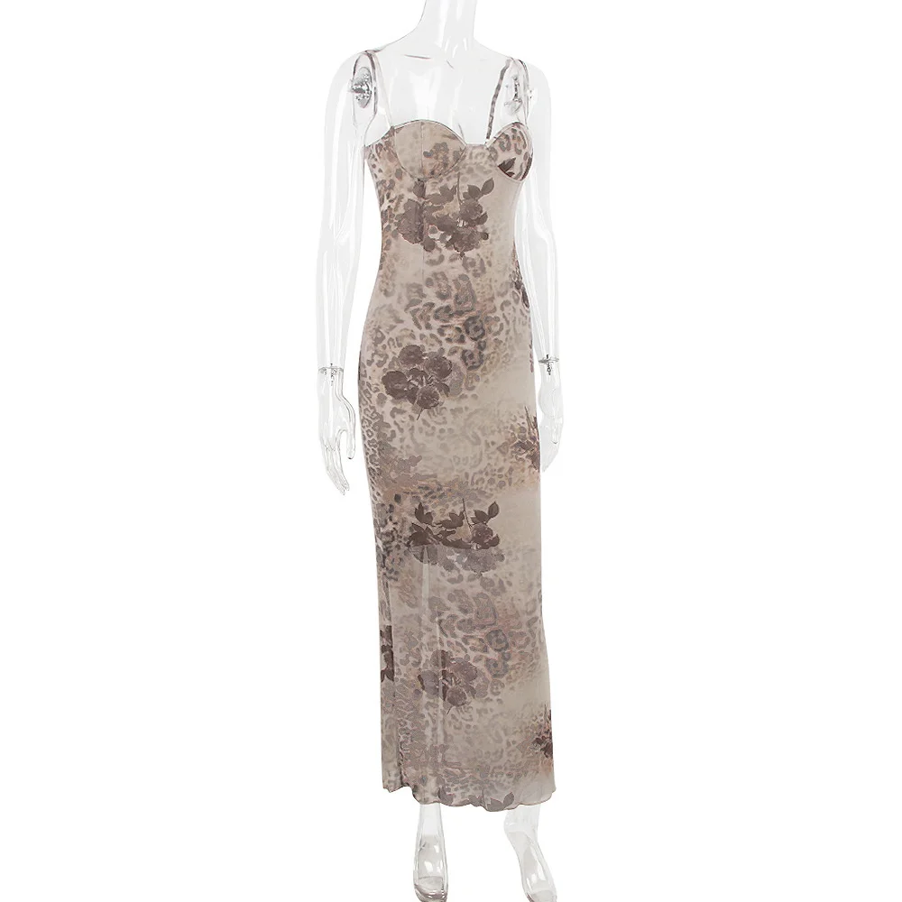 Ootddress Mesh Floral Print Maxi Dress Women Spaghetti Strap Sleeveless Lace-up Split Sundress Ladies Club Party Long Tank Dress