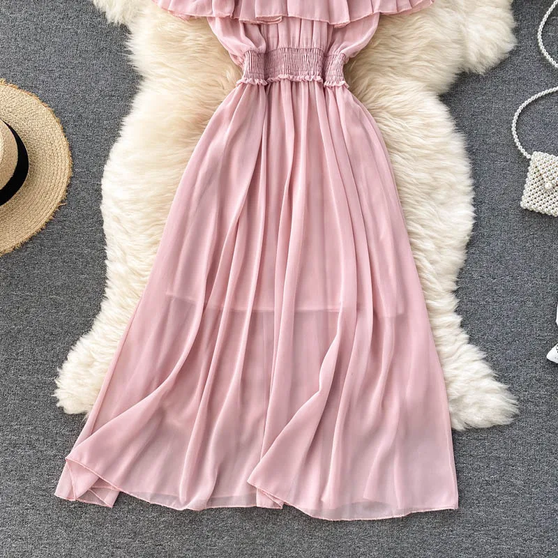 Women Chiffon Beach Dress Sexy Double Layer Ruffled Off The Shoulder Boho Dresses Ladies Sweet Slash Neck Long Dress 24 Women Chiffon Beach Dress Sexy Double Layer Ruffled Off The Shoulder Boho Dresses Ladies Sweet Slash Neck Long Dress