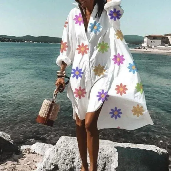 Color Flowers Printed Shirts Dresses Women Fashion Temperament Commuting Loose Midi Shirts Dress Lady Vestidos Spring Summer New 10 Color Flowers Printed Shirts Dresses Women Fashion Temperament Commuting Loose Midi Shirts Dress Lady Vestidos Spring Summer New