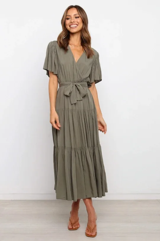 Trendy Solid Color Ruffles Long Dresses Women Sexy V-neck Ruffle Sleeves Leace-up Temperament Elegant Lady Dress 2025 Summer New 11 undefined