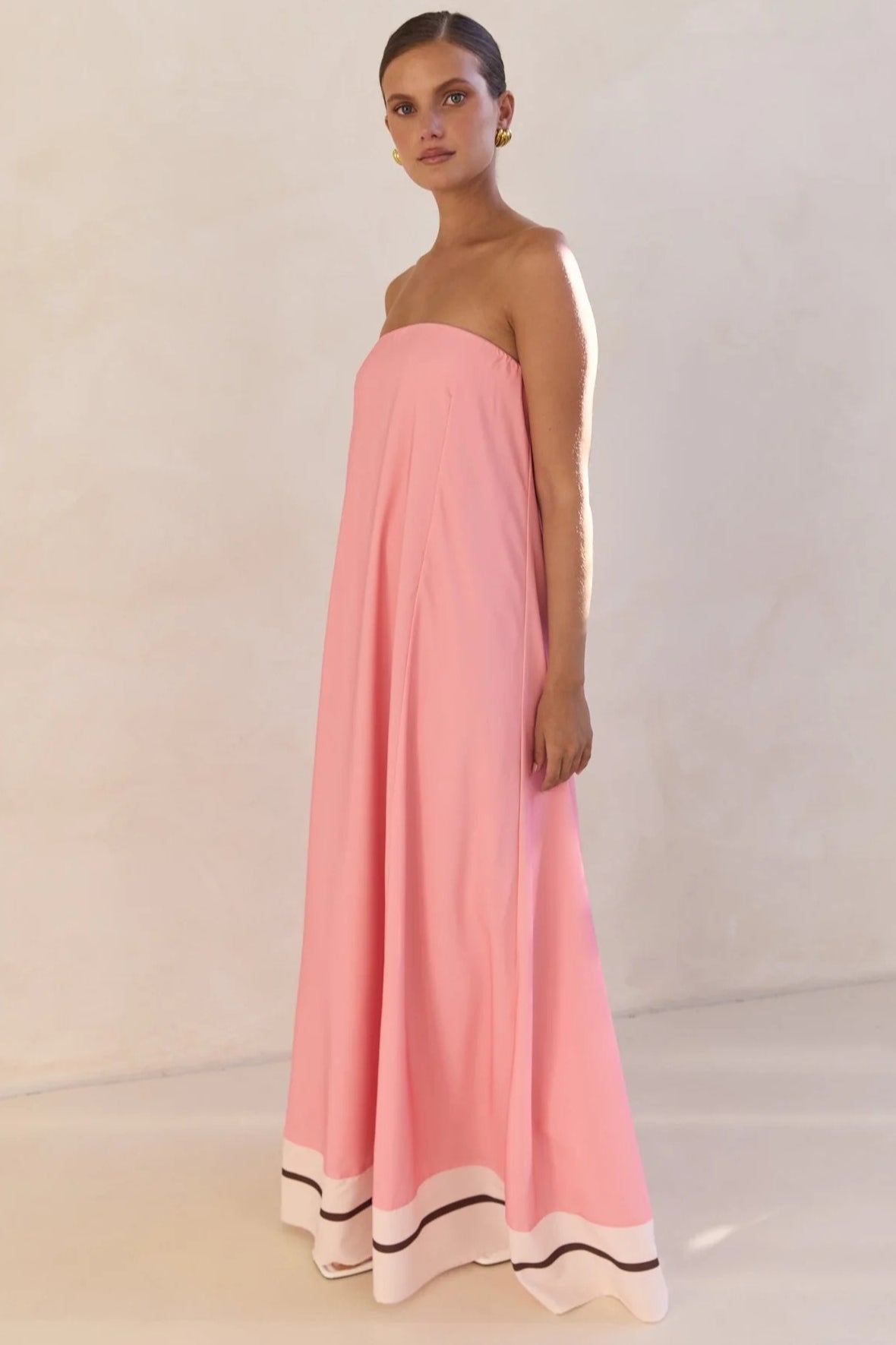 Strapless Contrast Band Hem A-Line Maxi Dress