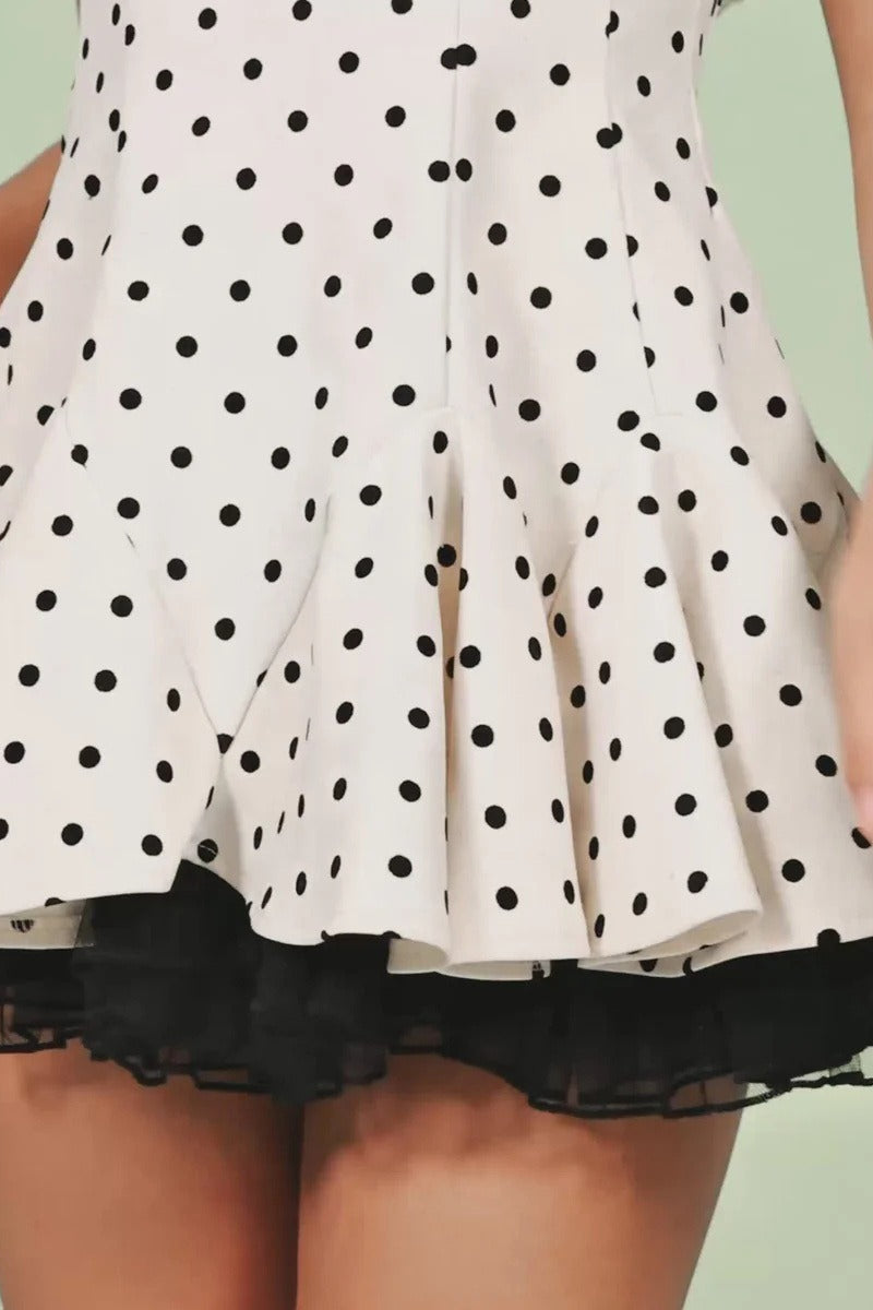 Polka Dot Lace Collar Bow Accent Ruffled Tiered Mini Dress