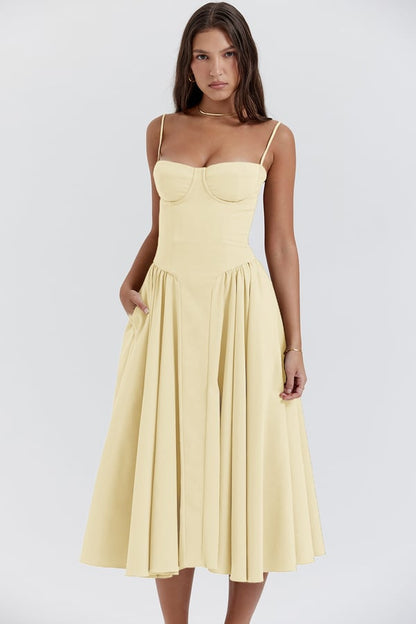 Bustier Sweetheart Spaghetti Strap Drop Waist Fit and Flare Midi Dress