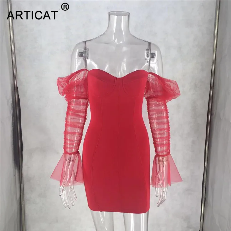 Ootddress Sexy Mesh Puff Sleeve Party Dress Women Low Collar Backless Patchwork Red Mini Dress Nightclub 2020 Spring Vestidos