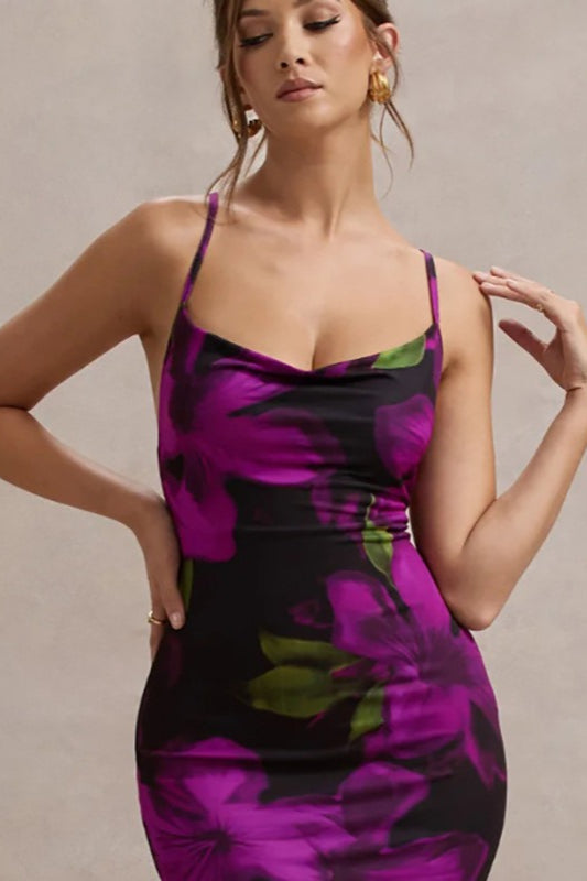 Purple Criss Cross Back Open Back Floral Print Bodycon Maxi Dress