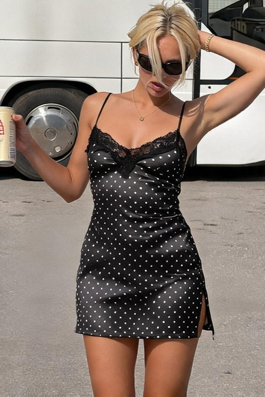 Black Spaghetti Strap Sweetheart Neck Lace Trim Polka Dot Side Slit Mini Dress