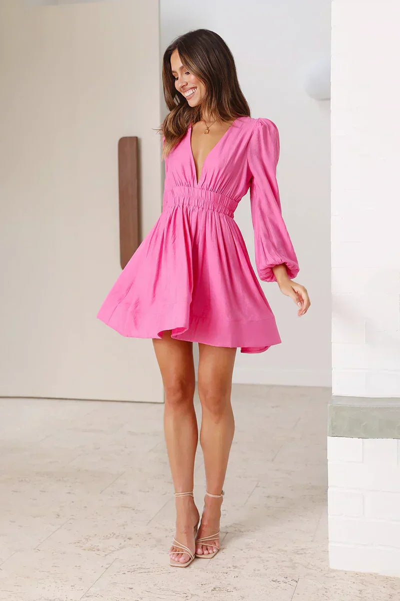Puff Sleeve Smocked Waist Center Back Zip Fit and Flare Mini Dress