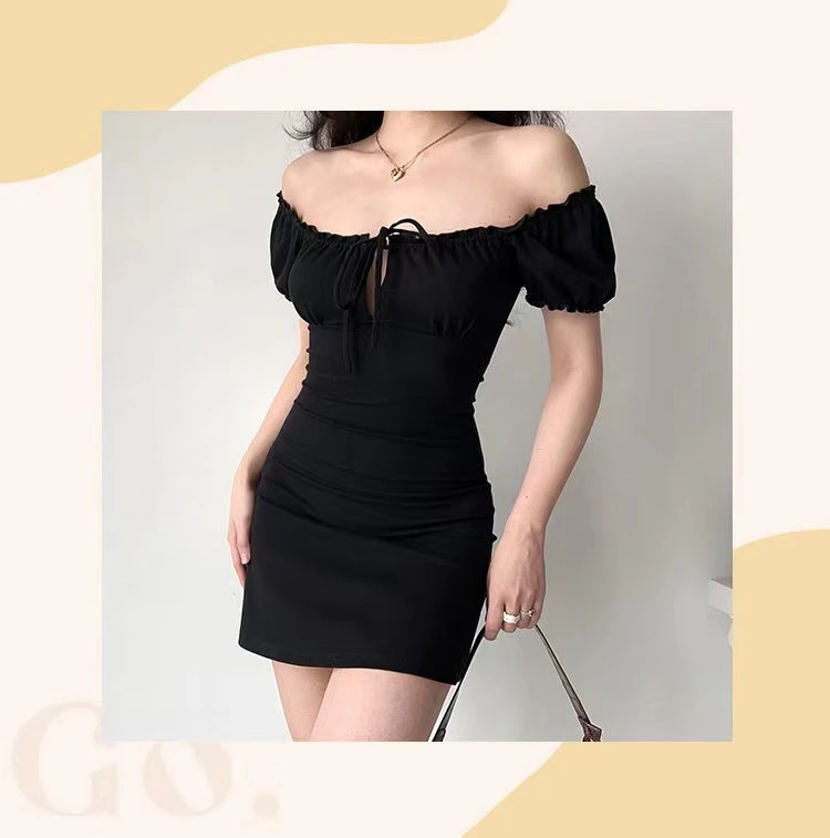 Summer Sexy Mini Dress Women Short Sleeved Lace up Hollow Casual Backless Folds Bodycon Black Dress Party Elegant A-LINE Dresses