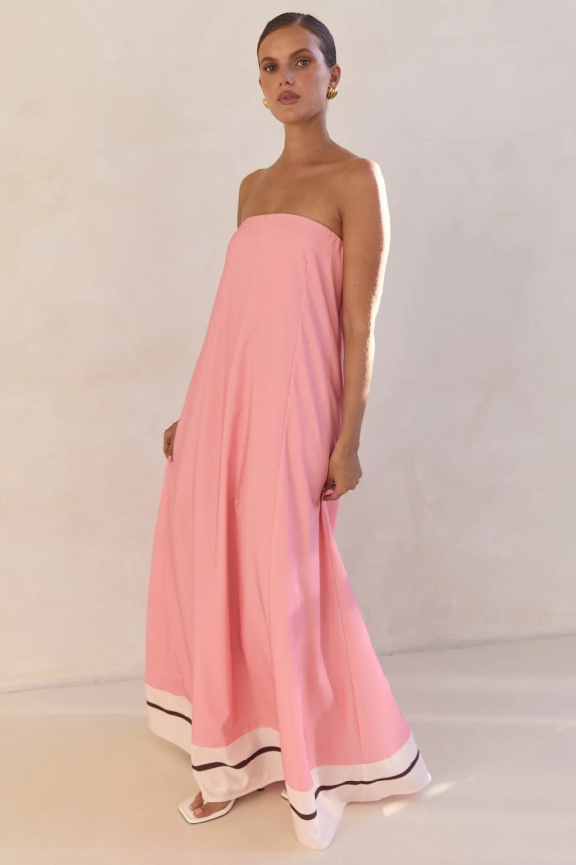 Strapless Contrast Band Hem A-Line Maxi Dress