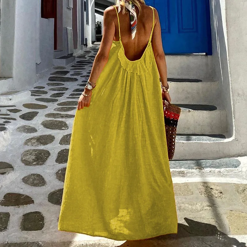 Bohemian Solid Color Spaghetti Strap Dresses Women Loose Sexy Backless Beach Vacation Long Dress Female Fashion Casual Vestidos 12 undefined