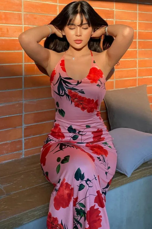 Floral Print Spaghetti Strap Side Cutout Backless Maxi Dress