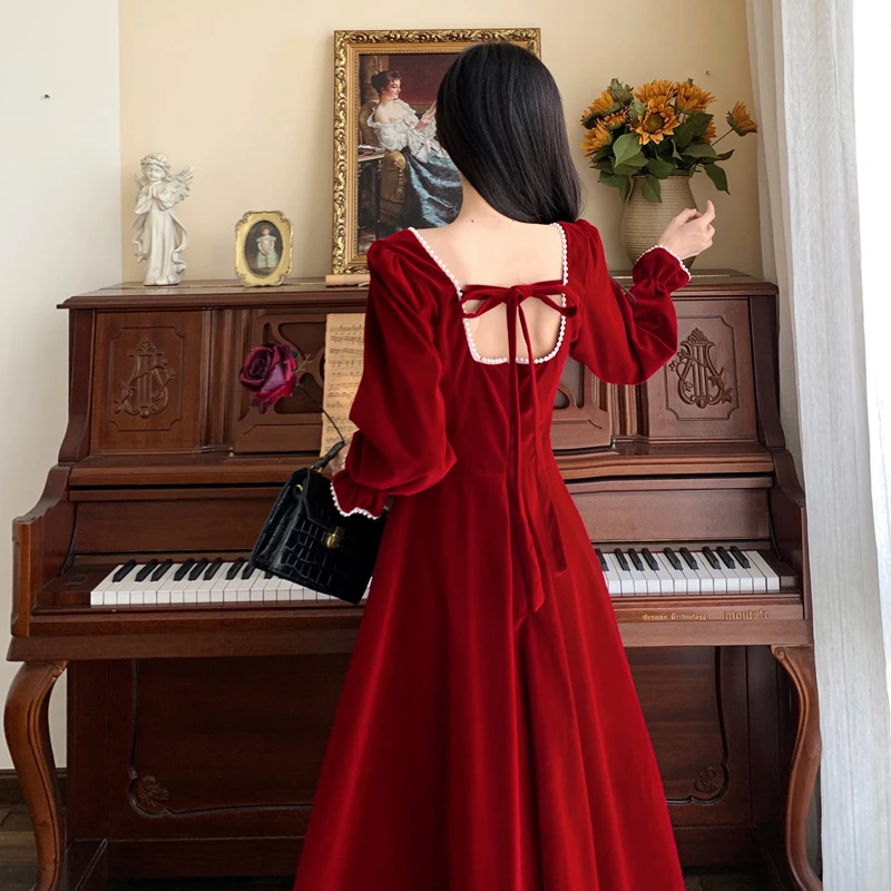 French Vintage A-line Wedding Party Dress Women Autumn Elegant Long Sleeve Backless Red Vestidos Mujer Princess Robe Spring New