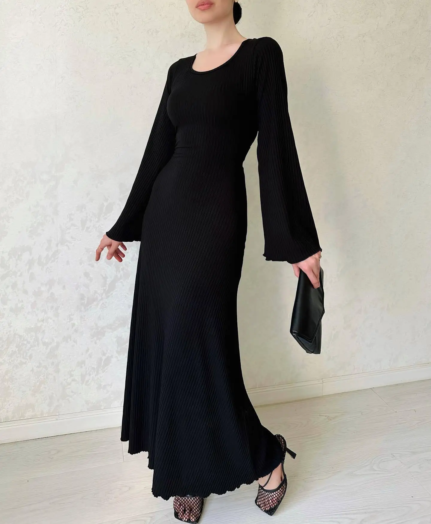 Ootddress Black Ribbed Fashion Maxi Dress For Women Loose Slim High Waist Casual Elegant Long Sleeve Party Dress Female Autumn Dress