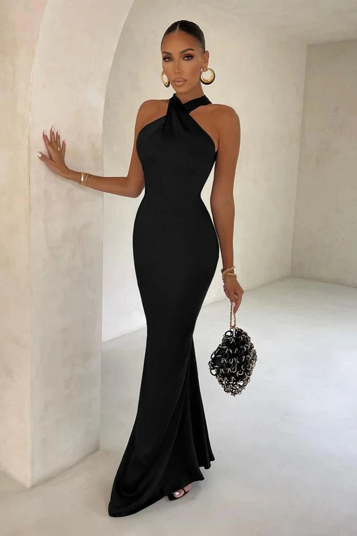 Crossover Halter Neck Mermaid Satin Maxi Gown
