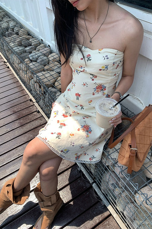 Strapless Floral Print Scalloped Lace Hem Bandeau Mini Dress