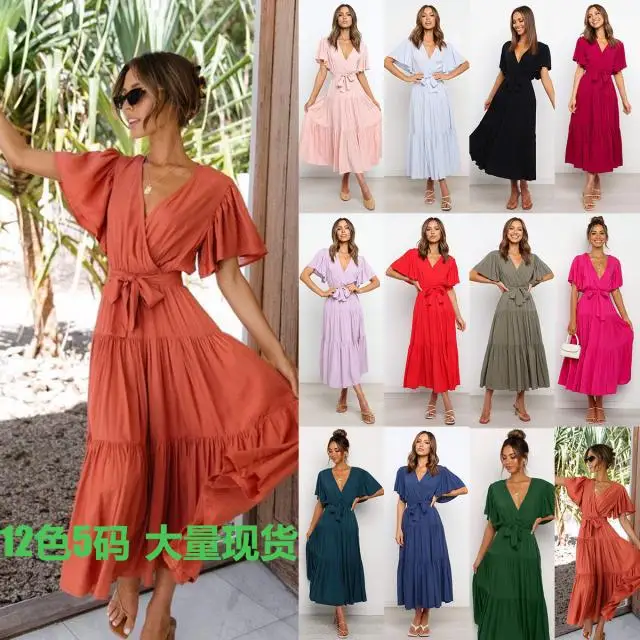 Trendy Solid Color Ruffles Long Dresses Women Sexy V-neck Ruffle Sleeves Leace-up Temperament Elegant Lady Dress 2025 Summer New 6 undefined