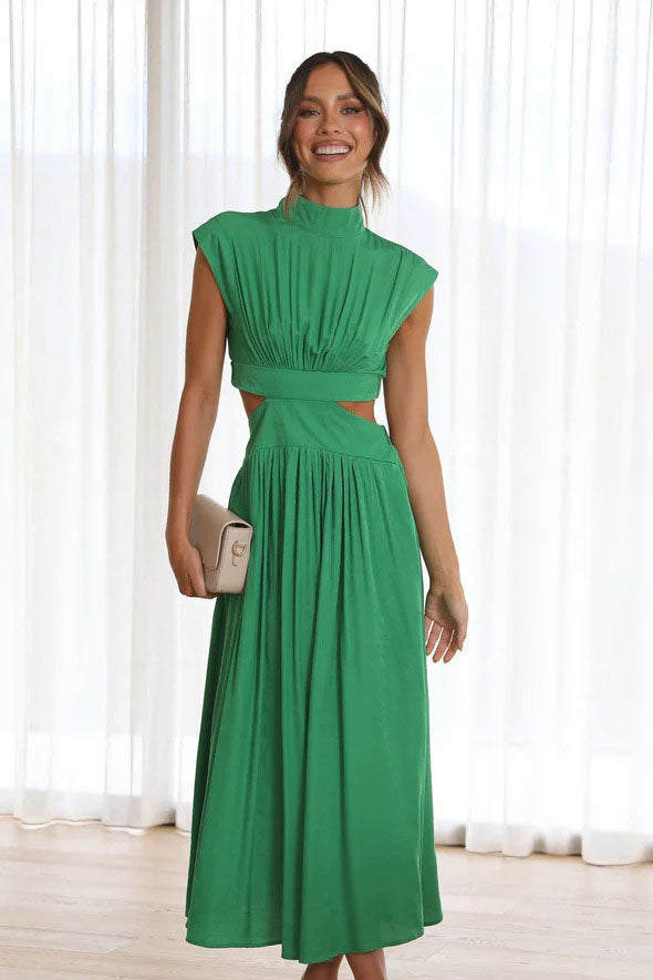 Mock Neck Ruched Bodice Waist Cut Out Flowy Midi Dress