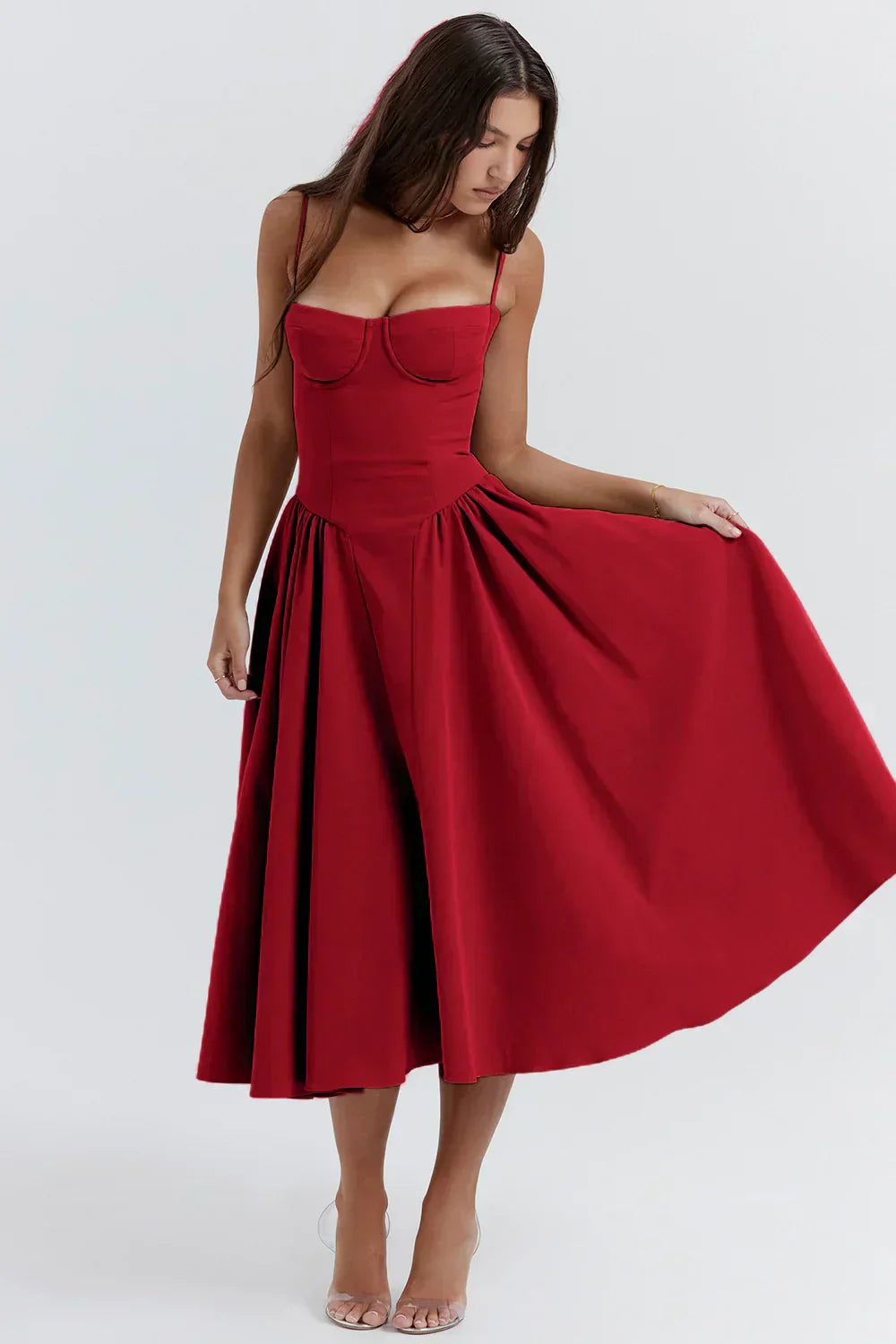 Bustier Sweetheart Spaghetti Strap Drop Waist Fit and Flare Midi Dress