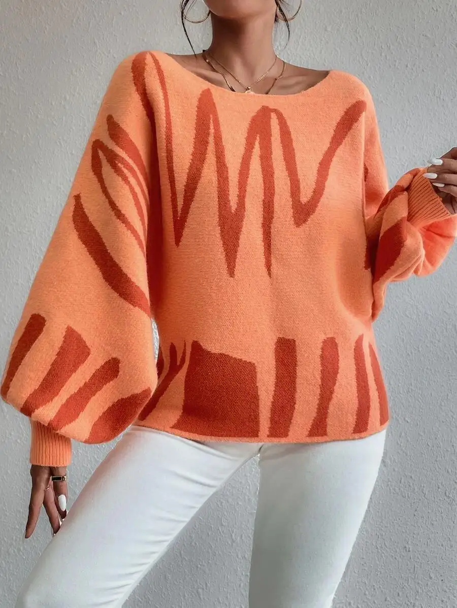 Ootddress Off Shoulder Sweater For Women Batwing Sleeve Pullover Knit Loose Jumper Tops Art Printed Spring New Oversized Sweaters