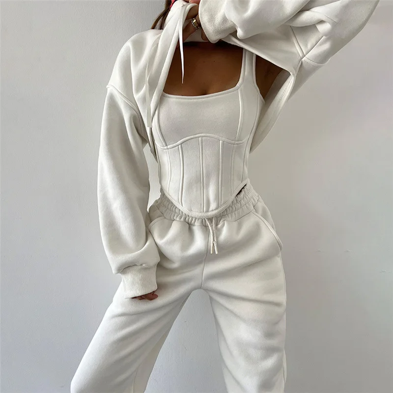 Ootddress Lace Up Pants Sets Women Slim Solid Splice Tank Tops Woman Long Sleeve Short Hoodies And Pant Suits Women Outfits Winter