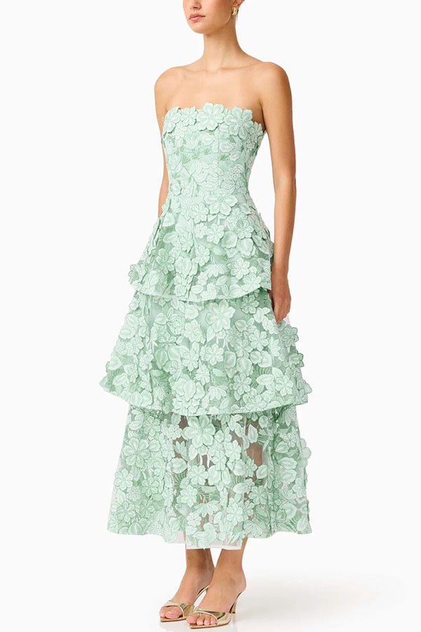 Cocktail Events 3D Embroidery Floral Detail Off Shoulder Tiered Hem Maxi Dress