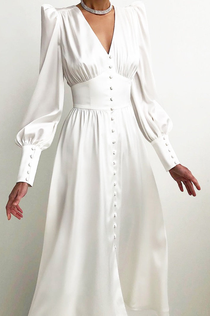 Deep V-Neck Lantern Sleeve Button Front Cinched Waist Satin Midi Dress