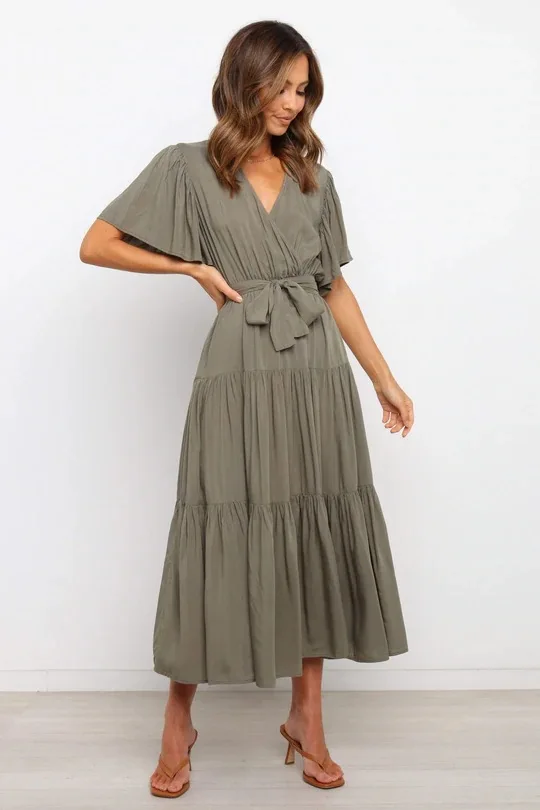 Trendy Solid Color Ruffles Long Dresses Women Sexy V-neck Ruffle Sleeves Leace-up Temperament Elegant Lady Dress 2025 Summer New 10 undefined