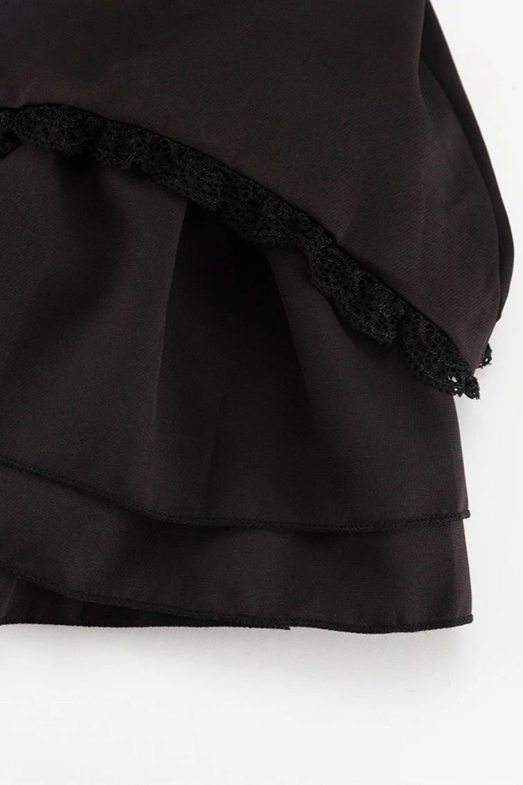 Square Neck Lace Trim Tie Shoulder Bow Strap Button Front Ruffled Tiered Corset Mini Dress