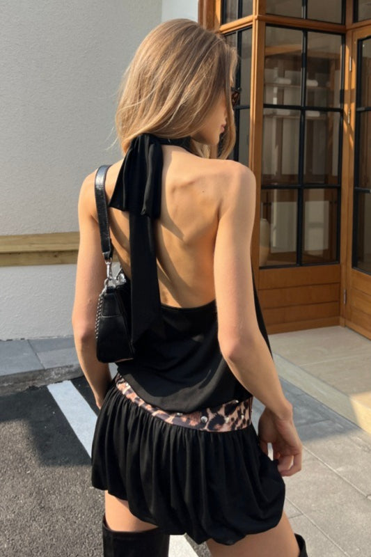 Halter High Neck Studded Waistband Bubble Hem Tulip Skirt Mini Dress