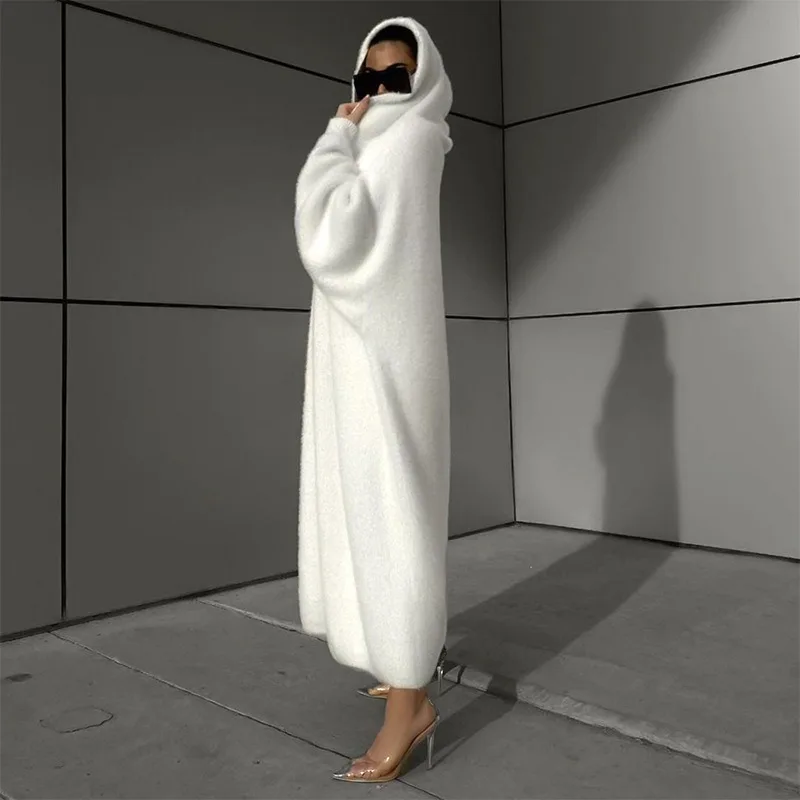 Ootddress Solid Loose Trench Coat For Women Lace Up Casual Hooded Wrap Coats Women's Street Fashion Winter Warm Coat Femme 2025 New