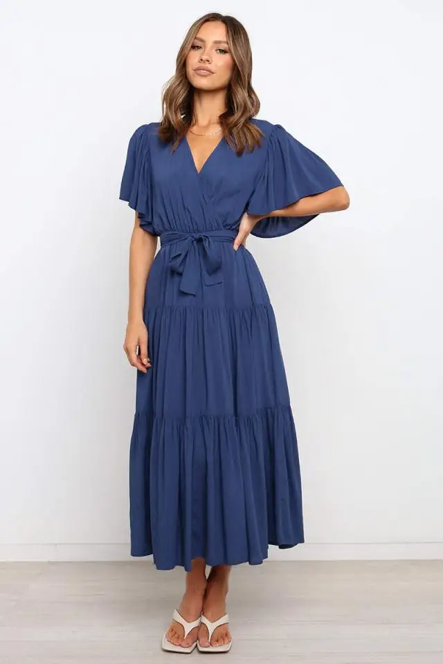Trendy Solid Color Ruffles Long Dresses Women Sexy V-neck Ruffle Sleeves Leace-up Temperament Elegant Lady Dress 2025 Summer New 30 undefined
