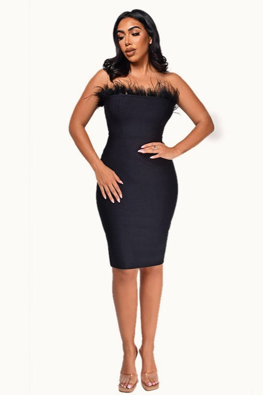 Feather Trim Strapless Corset Bodycon Midi Cocktail Dress