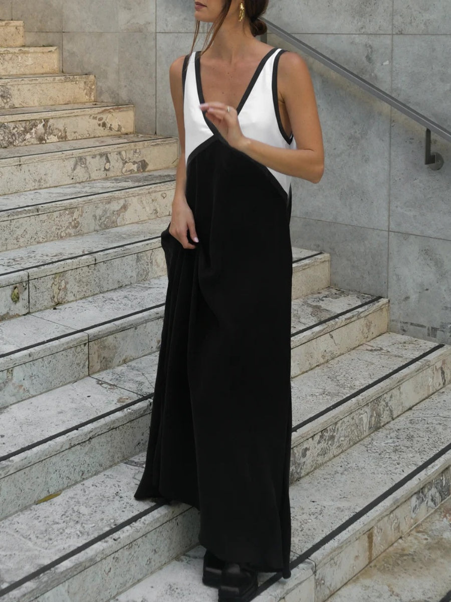 V-neck Sleeveless Color-blocked Maxi Dress