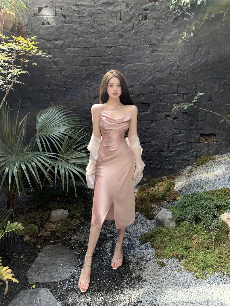 Sexy Satin Midi Dress Women New Summer Spaghetti Strap Slim Swinging Collar Split Evening Party Dresses Prom One Piece Vestido