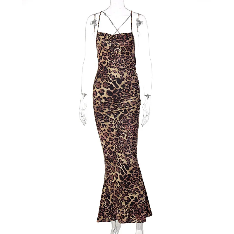 Ootddress Elegant Leopard Print Maxi Dress For Women Summer Sexy Club Party Dresses Female Spaghetti Strap Sleeveless Long Dress