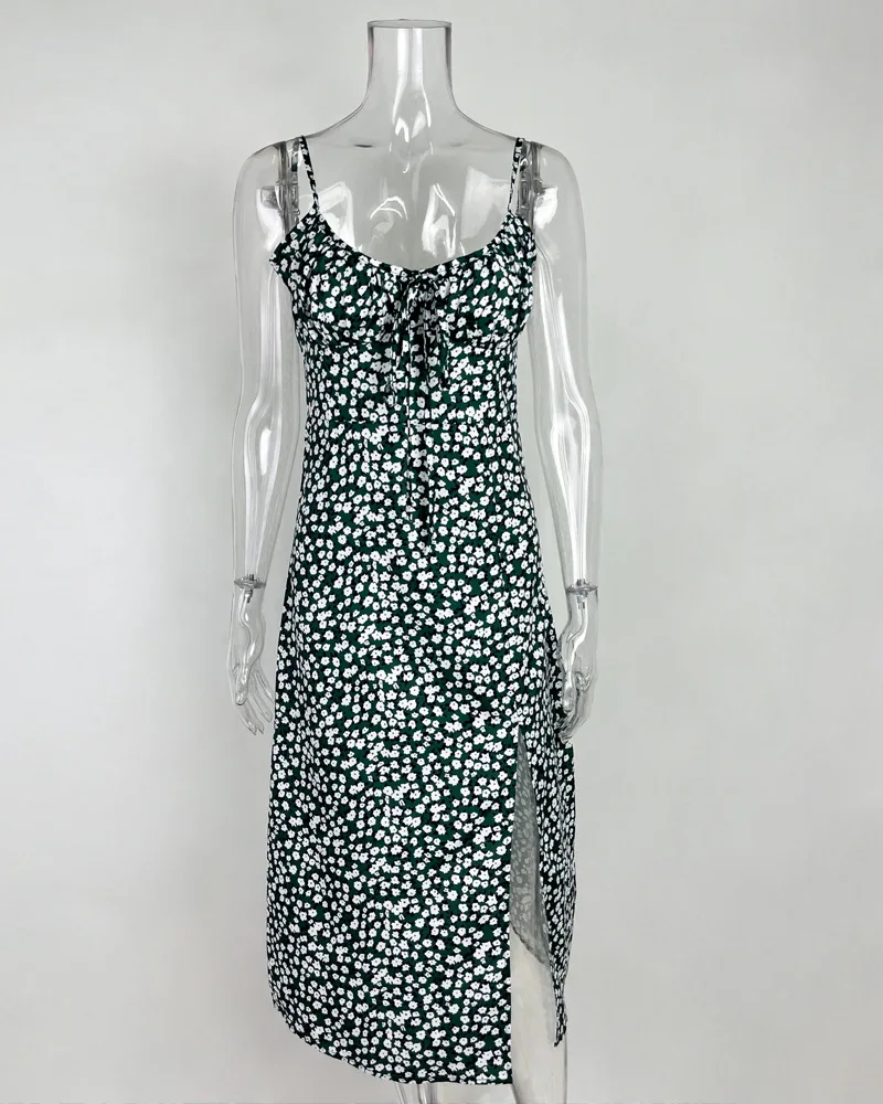 Flower Printed Spaghetti Strap Dresses For Women Sexy Low Cut Beach Party Slim Slit Dress Chic Bodycon Lady Sleeveless Vestidos 28 undefined