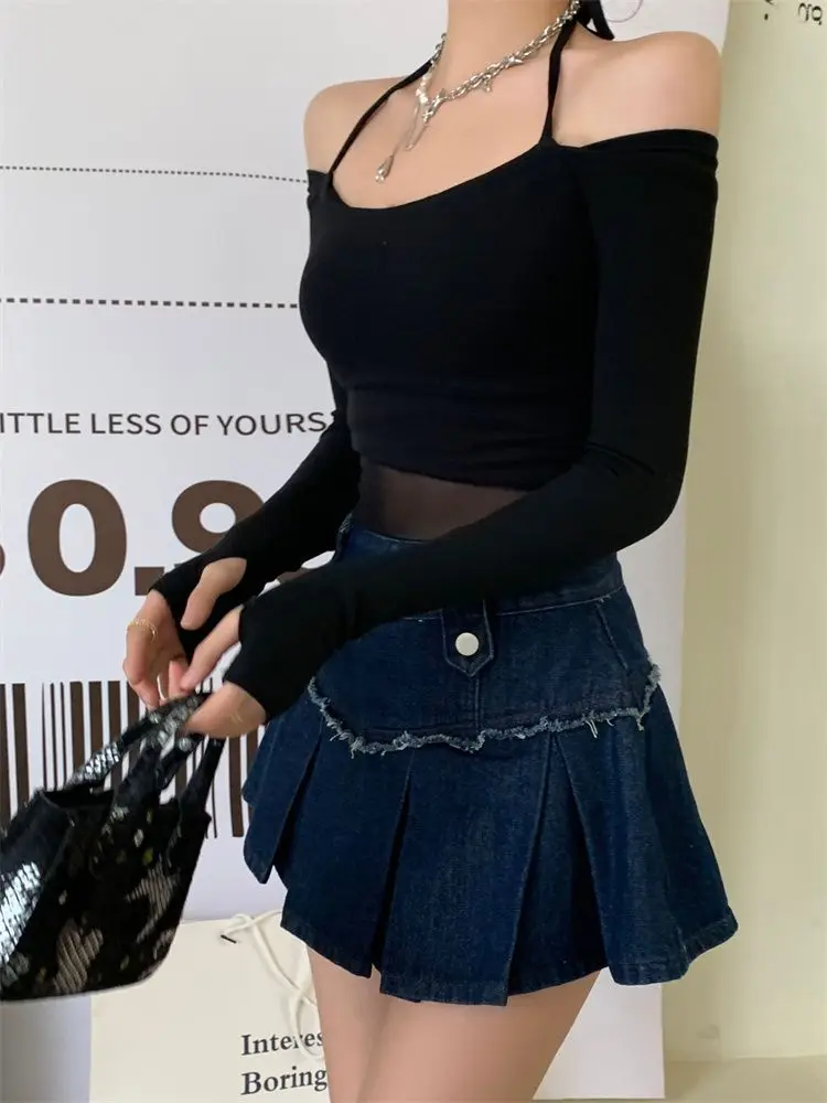 Long Sleeve Top Womens Halter 2025 Casual Tee Shirt Gauze Trendy Off Shoulder T Shirts Femme Y2k Crop Top Streetwear Party Club 9 Long Sleeve Top Womens Halter 2025 Casual Tee Shirt Gauze Trendy Off Shoulder T Shirts Femme Y2k Crop Top Streetwear Party Club