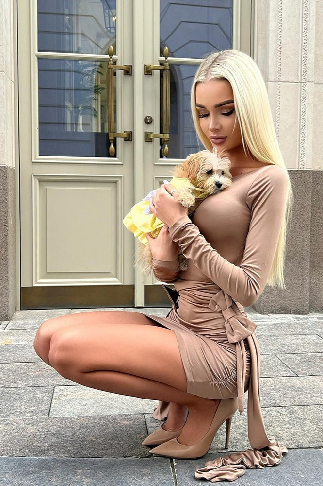 Scoop Neck Bow Tie Cuff Long Sleeve Side Bow Ruched Bodycon Mini Dress