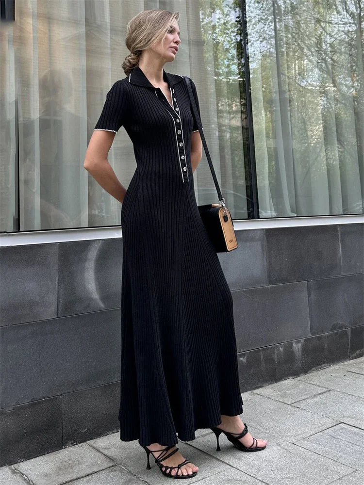 Ootddress Knitted Rib Slim Maxi Dresses For Women High Waist Casual Loose Dress Women's Autumn Elegant Temperament Long Dress Femme