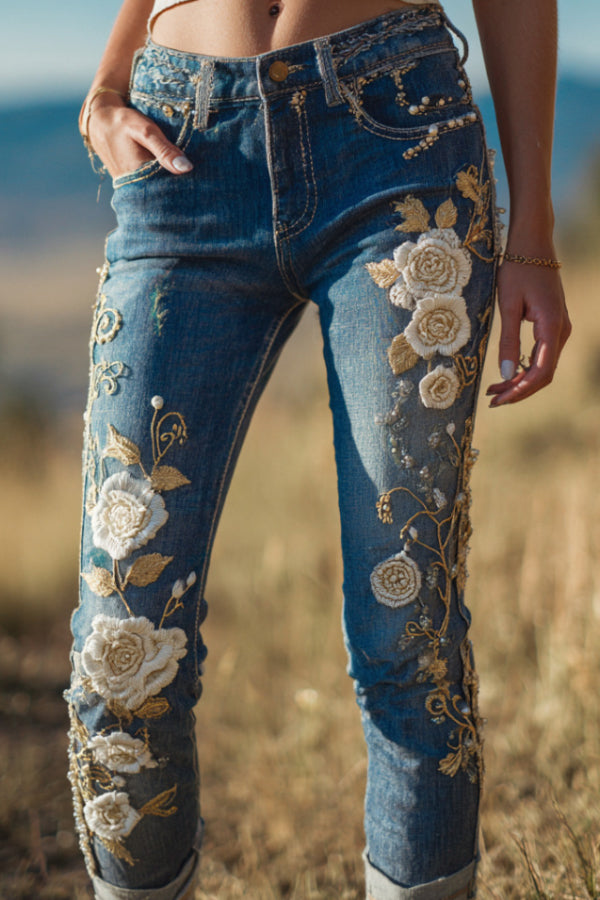 3D Floral Print Pocket Casual Jeans
