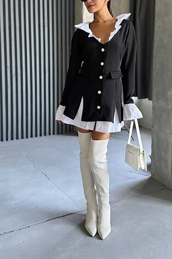 Altair Contrast Ruffled Shirt Patchwork Button Pleated Blazer Mini Dress