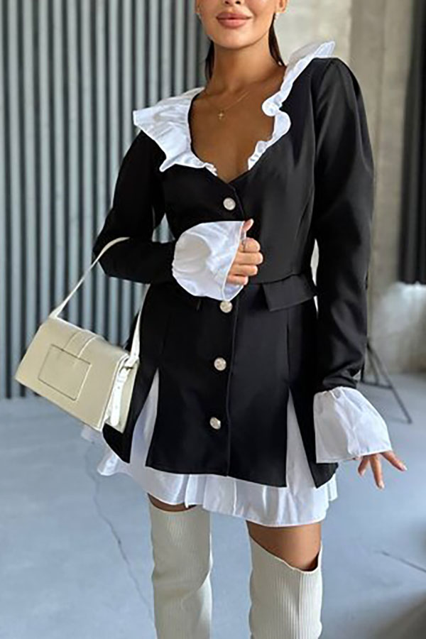 Altair Contrast Ruffled Shirt Patchwork Button Pleated Blazer Mini Dress